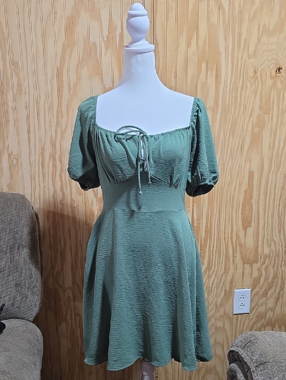 Lucky Brand Sage Green Puff Sleeve Tie-Front Mini Dress